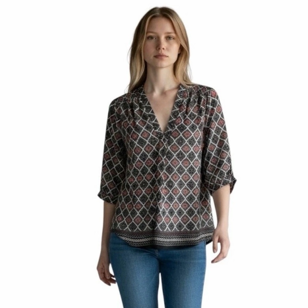 Ann Taylor Women's Blouse XSP Black & Pink Geometric Print 3/4 Sleeve V-Neck Top